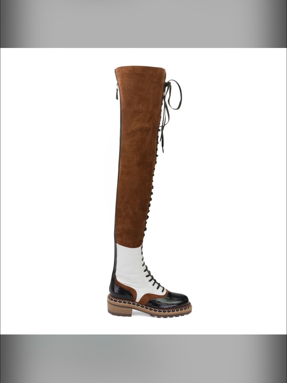 CHANEL Brown Suede, White & Black Lace-Up Over-the-Knee Boot…BNIB…NEVER WORN